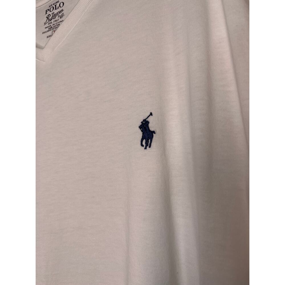 Polo Ralph Lauren Bright Crisp White Casual Soft Navy Blue Pony V Neck Shirt XL - Picture 3 of 4